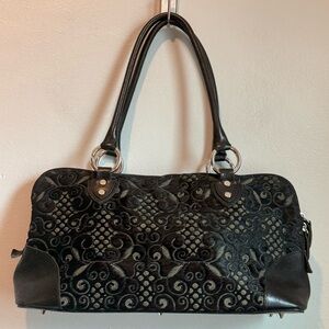 Carla Mancini Leather Fur Elegant Black Patterned Handbag